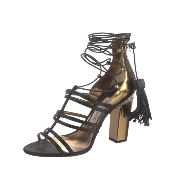 Jimmy Choo Diamond Black Satin Honey Gold Leather Sandals Tassels Heels Size 38 - Picture 6 of 13